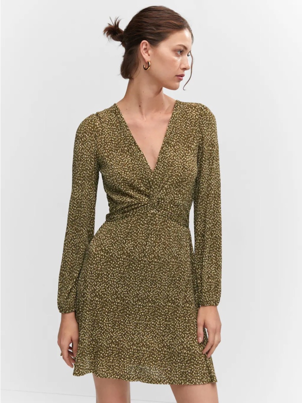 Mango Olive Green Micro Dot Twist-Front Long Sleeve Dress